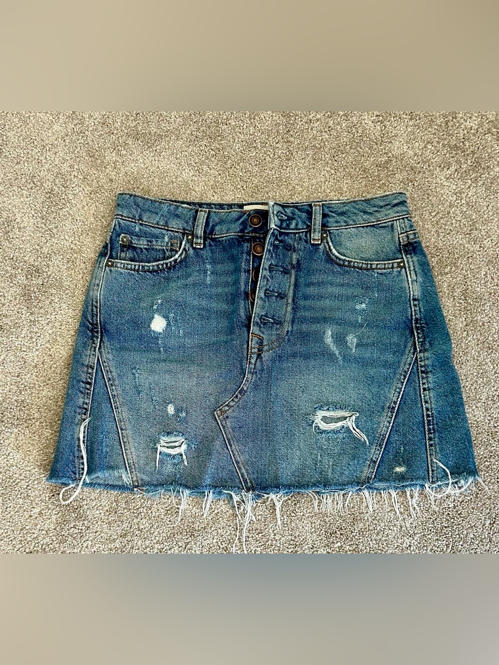 We the Free Distressed Blue Denim Mini Skirt